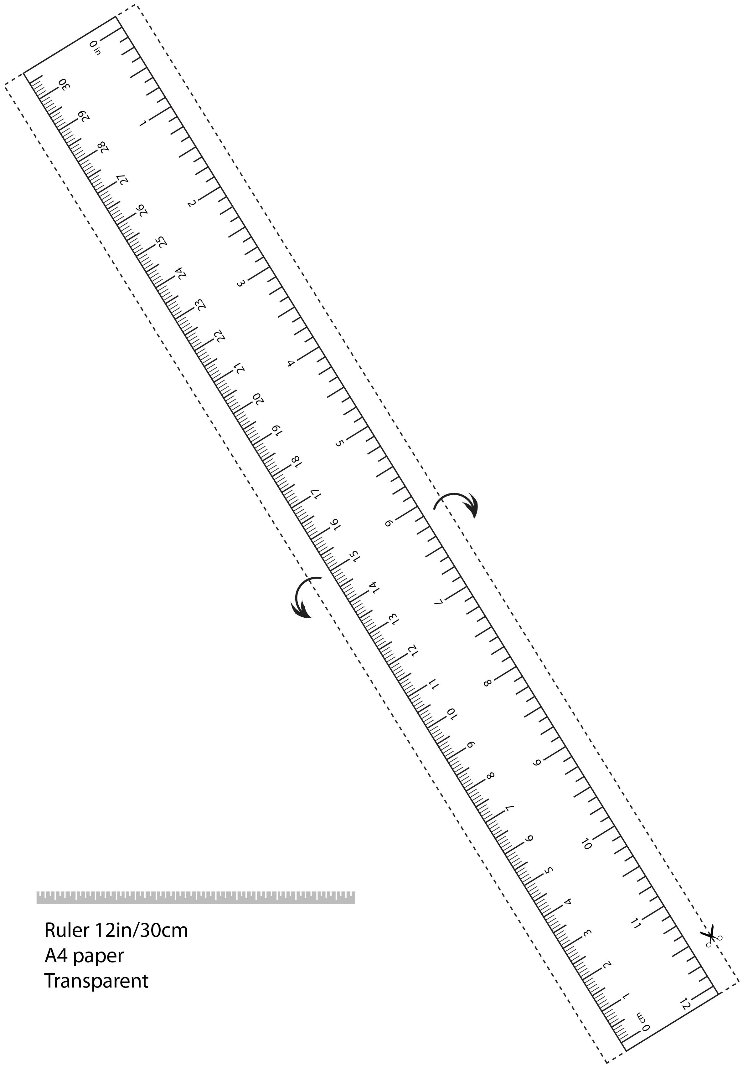在线尺子打印标准图，A4 12英寸/30厘米刻度尺 透明风格