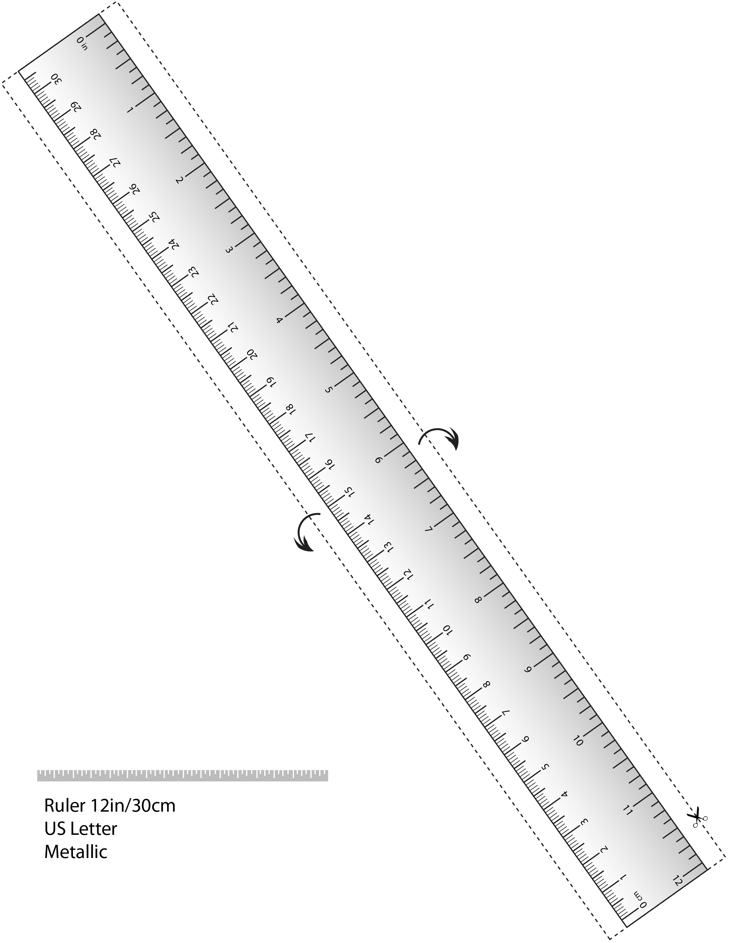 在线尺子打印标准图，Letter 12英寸/30厘米刻度尺 金属风格